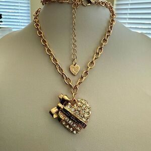 Juicy Couture Heart Pendant Adjustable Necklace And Stud Bow Set Gold New